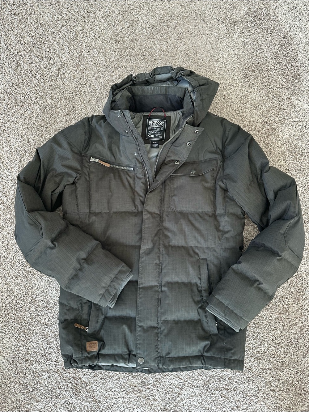Outdoor Research Men's Dark Olive Puffer Jacket with Hood